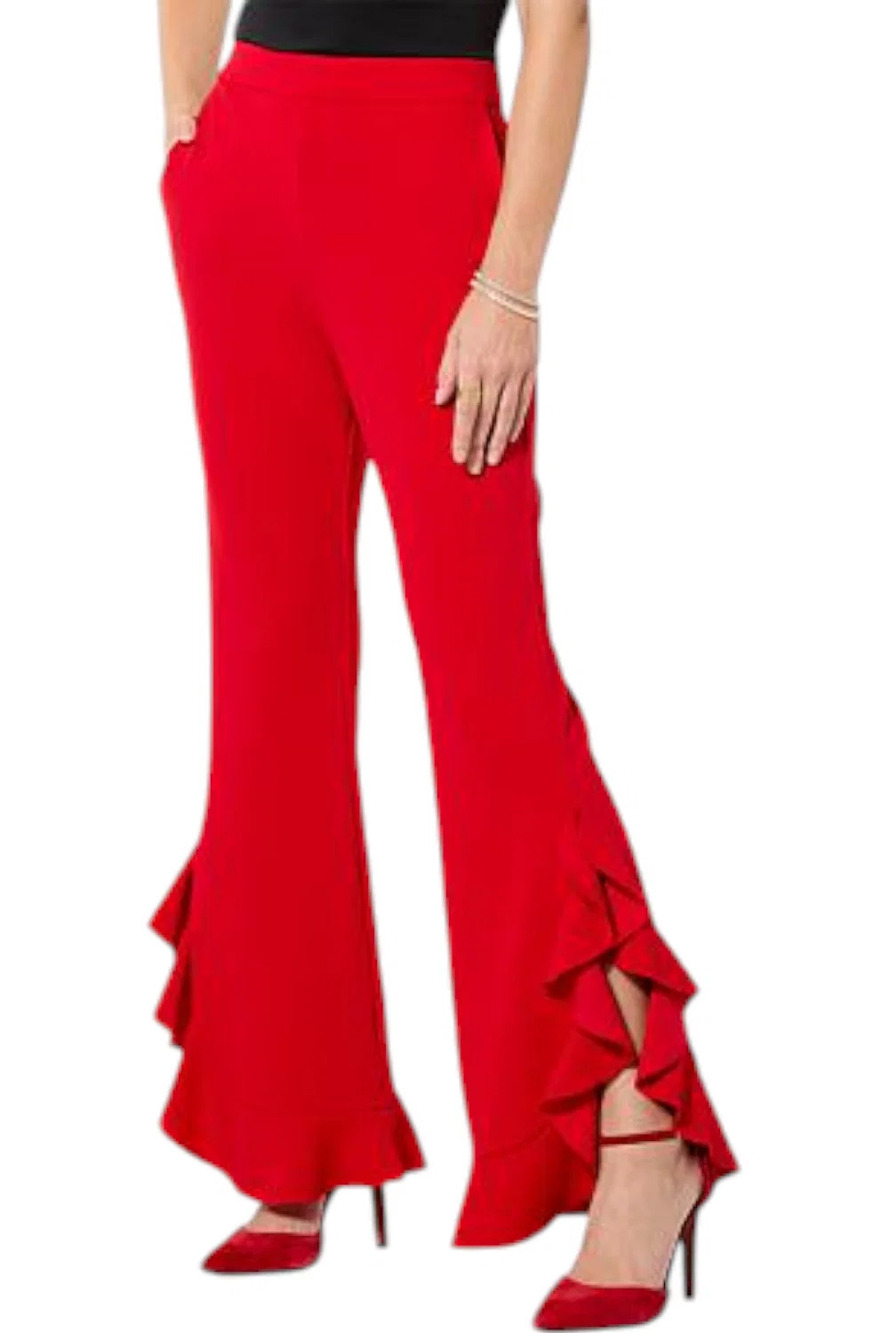 Red Wide-Leg Ruffle Hem Pants